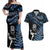 New Zealand Maori Rugby Personalised Couples Matching Off Shoulder Maxi Dress and Hawaiian Shirt Ta Moko Silver Fern - Paua Blue