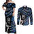 New Zealand Maori Rugby Personalised Couples Matching Off Shoulder Maxi Dress and Long Sleeve Button Shirt Ta Moko Silver Fern - Paua Blue