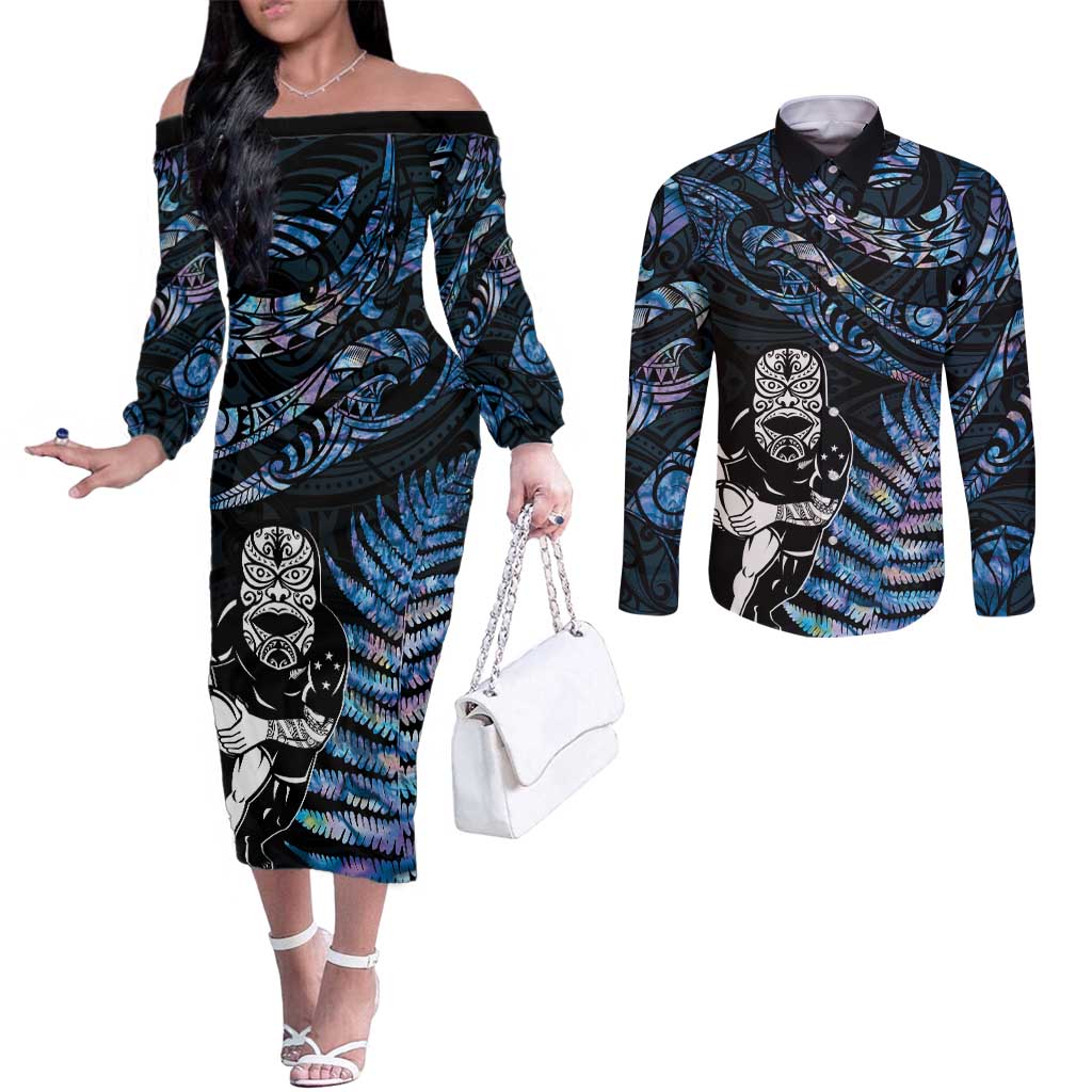 New Zealand Maori Rugby Personalised Couples Matching Off The Shoulder Long Sleeve Dress and Long Sleeve Button Shirt Ta Moko Silver Fern - Paua Blue