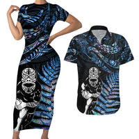 New Zealand Maori Rugby Personalised Couples Matching Short Sleeve Bodycon Dress and Hawaiian Shirt Ta Moko Silver Fern - Paua Blue