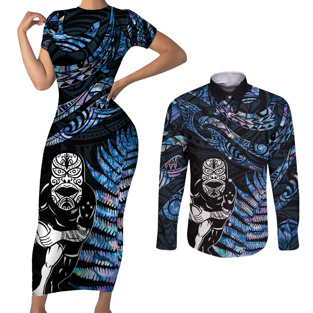 New Zealand Maori Rugby Personalised Couples Matching Short Sleeve Bodycon Dress and Long Sleeve Button Shirt Ta Moko Silver Fern - Paua Blue