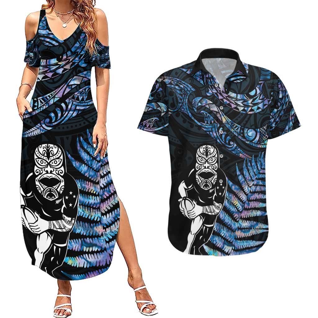 New Zealand Maori Rugby Personalised Couples Matching Summer Maxi Dress and Hawaiian Shirt Ta Moko Silver Fern - Paua Blue