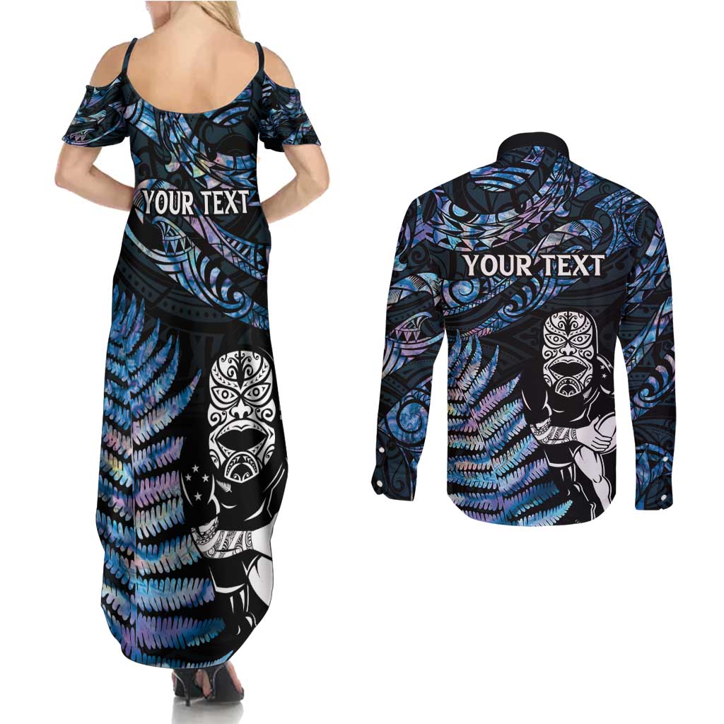 New Zealand Maori Rugby Personalised Couples Matching Summer Maxi Dress and Long Sleeve Button Shirt Ta Moko Silver Fern - Paua Blue