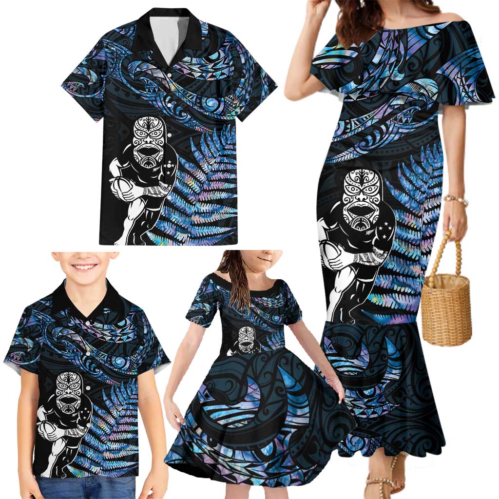 New Zealand Maori Rugby Personalised Family Matching Mermaid Dress and Hawaiian Shirt Ta Moko Silver Fern - Paua Blue