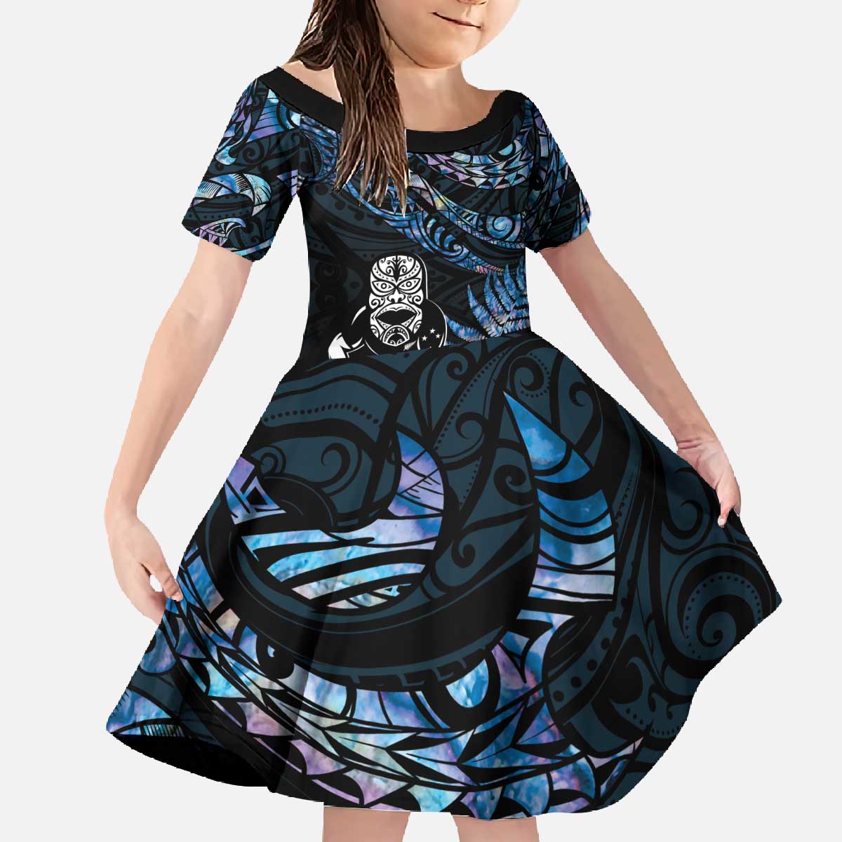 New Zealand Maori Rugby Personalised Family Matching Off The Shoulder Long Sleeve Dress and Hawaiian Shirt Ta Moko Silver Fern - Paua Blue LT7 Daughter's Dress Blue - Polynesian Pride