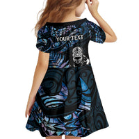 New Zealand Maori Rugby Personalised Family Matching Off The Shoulder Long Sleeve Dress and Hawaiian Shirt Ta Moko Silver Fern - Paua Blue LT7 - Polynesian Pride