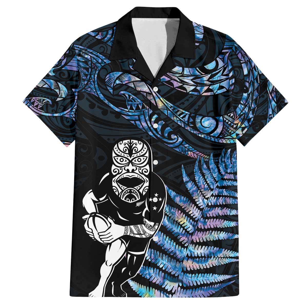 New Zealand Maori Rugby Personalised Family Matching Off The Shoulder Long Sleeve Dress and Hawaiian Shirt Ta Moko Silver Fern - Paua Blue LT7 Dad's Shirt - Short Sleeve Blue - Polynesian Pride