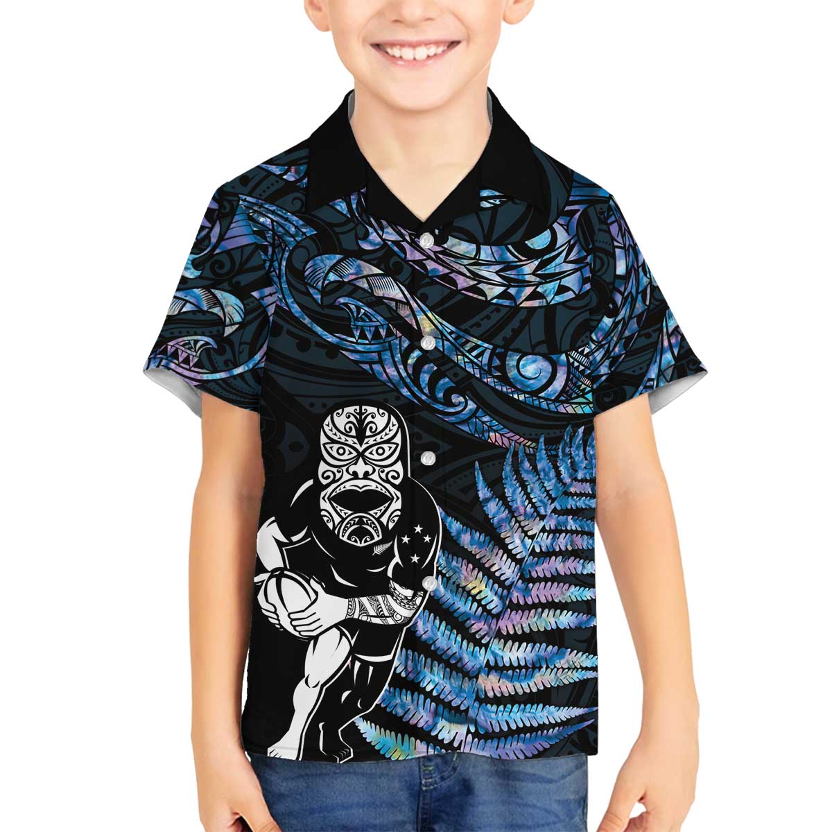 New Zealand Maori Rugby Personalised Family Matching Off The Shoulder Long Sleeve Dress and Hawaiian Shirt Ta Moko Silver Fern - Paua Blue LT7 Son's Shirt Blue - Polynesian Pride
