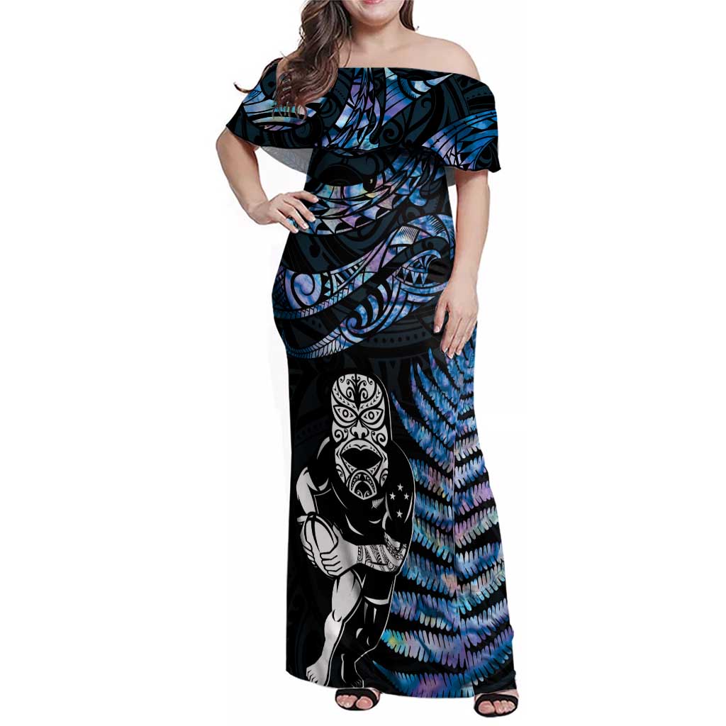 New Zealand Maori Rugby Personalised Family Matching Off Shoulder Maxi Dress and Hawaiian Shirt Ta Moko Silver Fern - Paua Blue