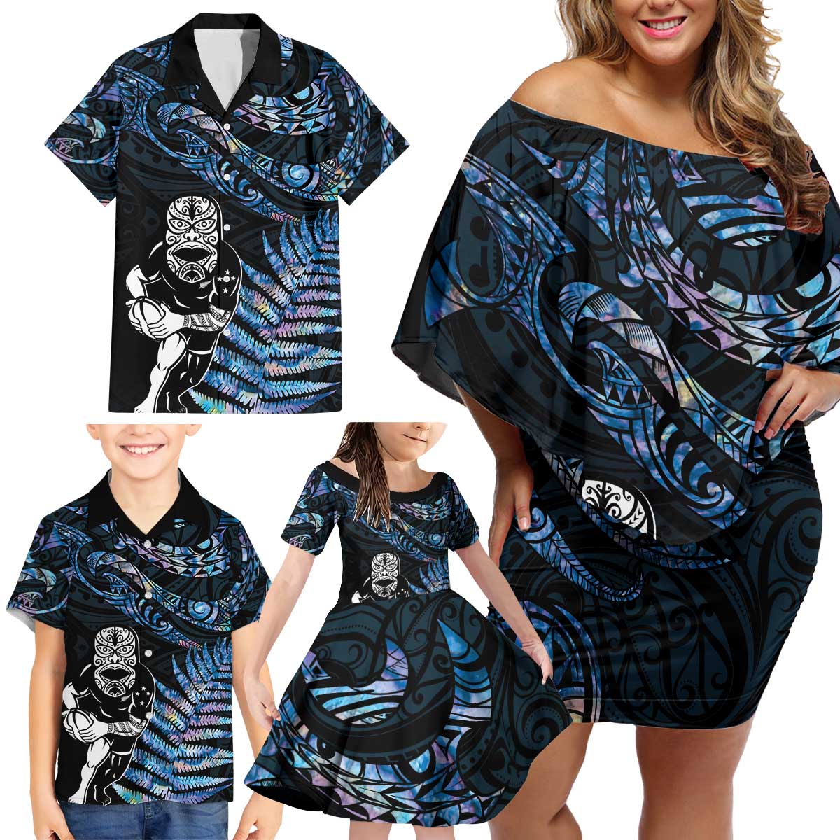 New Zealand Maori Rugby Personalised Family Matching Off Shoulder Short Dress and Hawaiian Shirt Ta Moko Silver Fern - Paua Blue