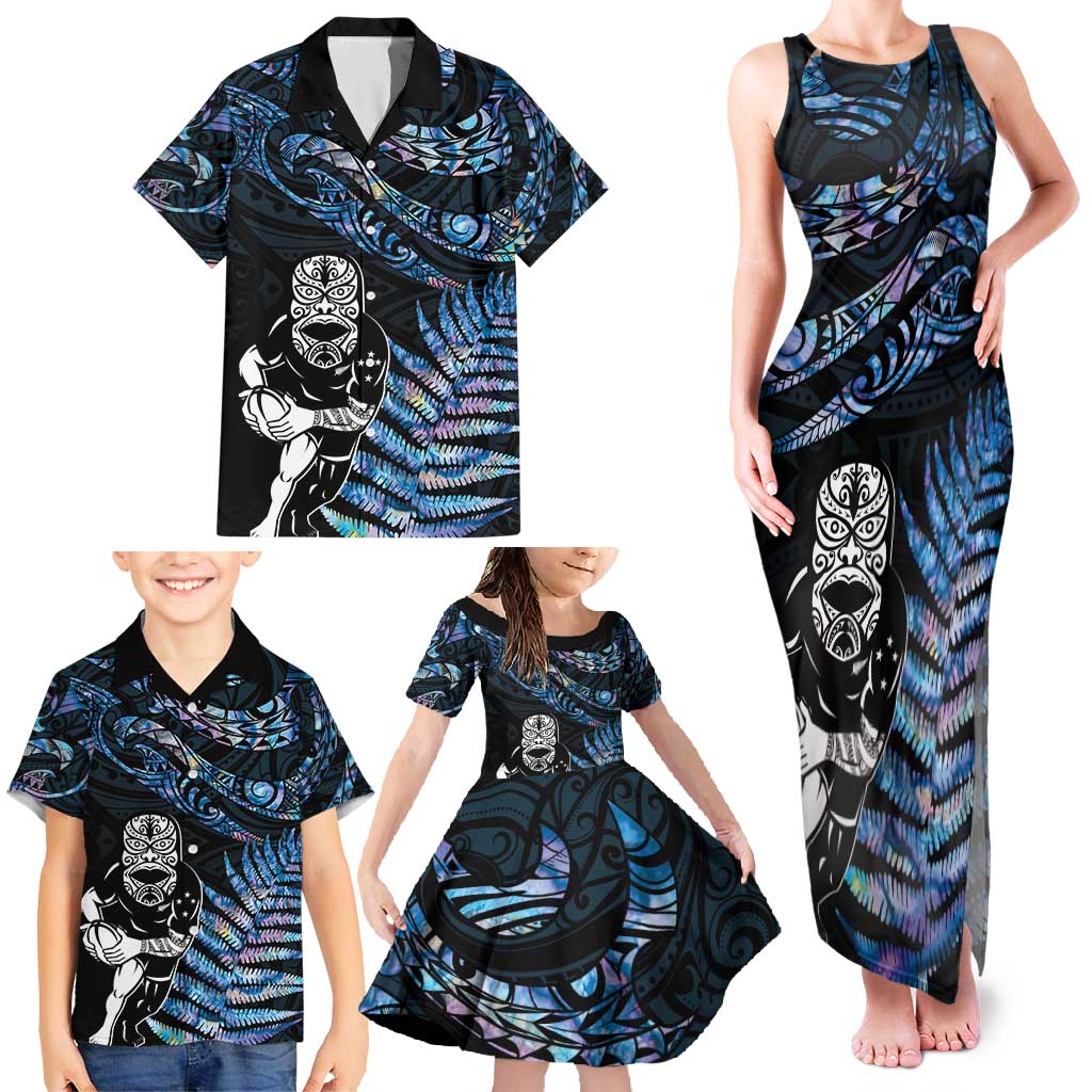 New Zealand Maori Rugby Personalised Family Matching Tank Maxi Dress and Hawaiian Shirt Ta Moko Silver Fern - Paua Blue