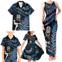 New Zealand Maori Rugby Personalised Family Matching Tank Maxi Dress and Hawaiian Shirt Ta Moko Silver Fern - Paua Blue