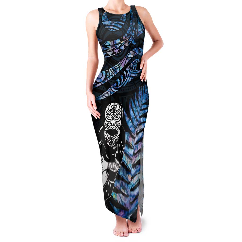 New Zealand Maori Rugby Personalised Family Matching Tank Maxi Dress and Hawaiian Shirt Ta Moko Silver Fern - Paua Blue