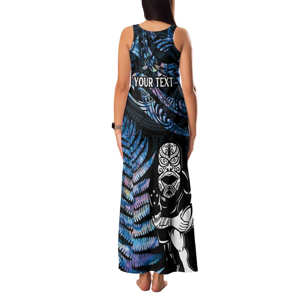 New Zealand Maori Rugby Personalised Family Matching Tank Maxi Dress and Hawaiian Shirt Ta Moko Silver Fern - Paua Blue