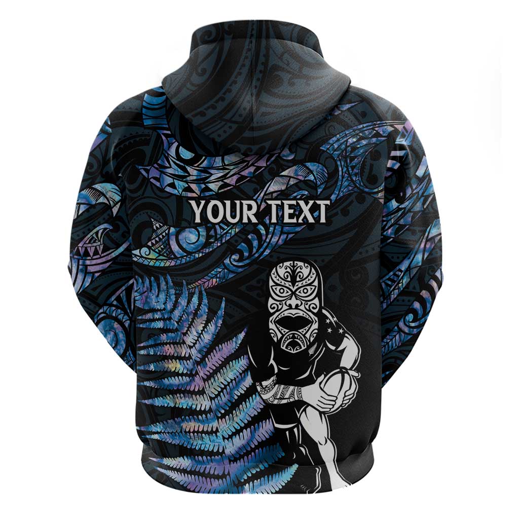 New Zealand Maori Rugby Personalised Hoodie Ta Moko Silver Fern - Paua Blue