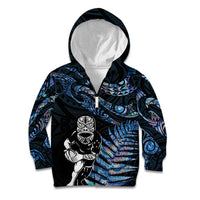 New Zealand Maori Rugby Personalised Kid Hoodie Ta Moko Silver Fern - Paua Blue