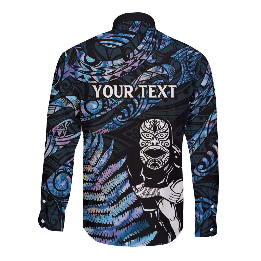 New Zealand Maori Rugby Personalised Long Sleeve Button Shirt Ta Moko Silver Fern - Paua Blue