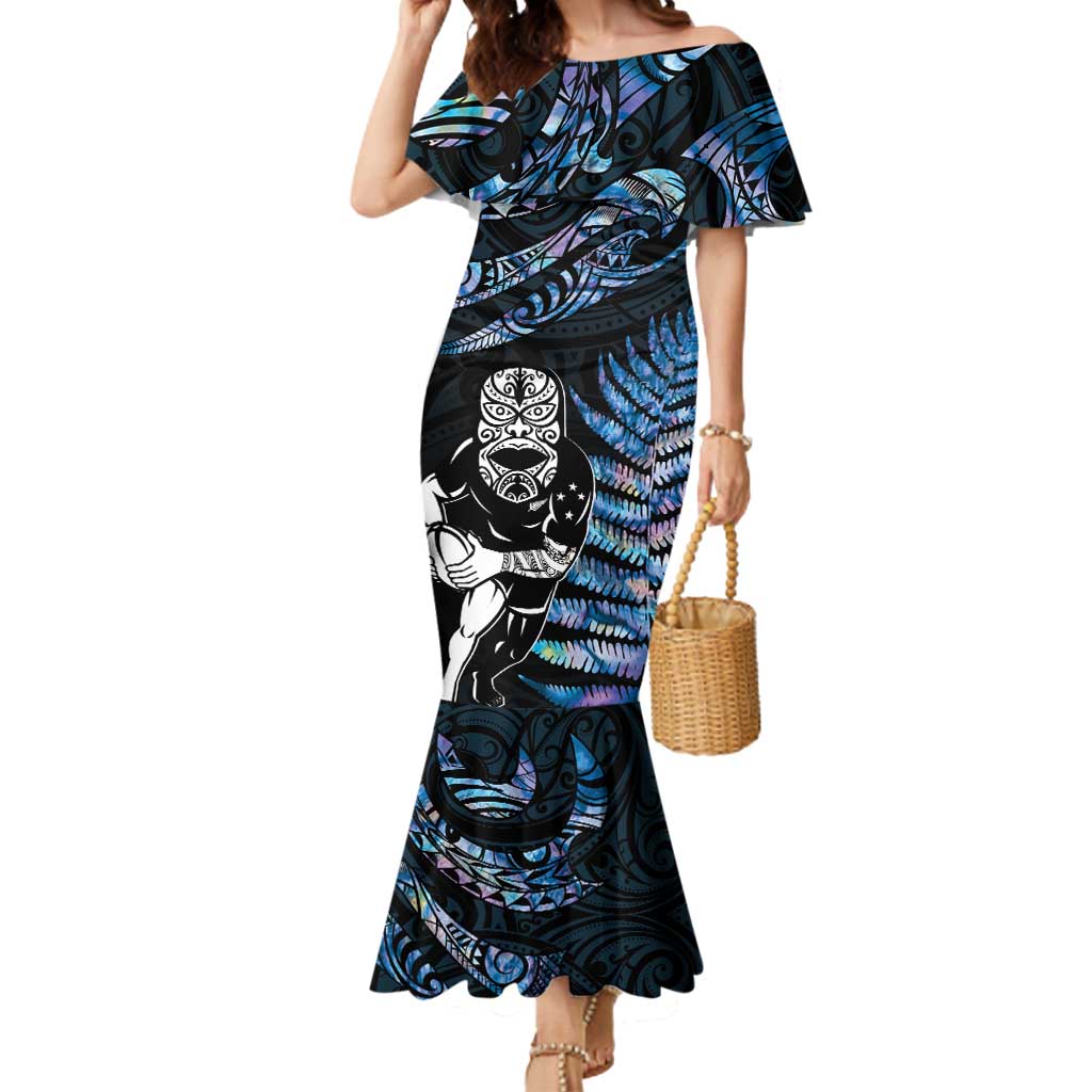 New Zealand Maori Rugby Personalised Mermaid Dress Ta Moko Silver Fern - Paua Blue