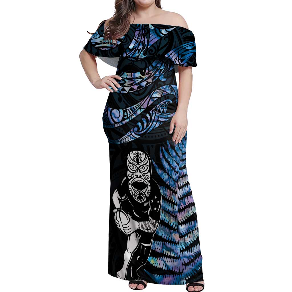 New Zealand Maori Rugby Personalised Off Shoulder Maxi Dress Ta Moko Silver Fern - Paua Blue