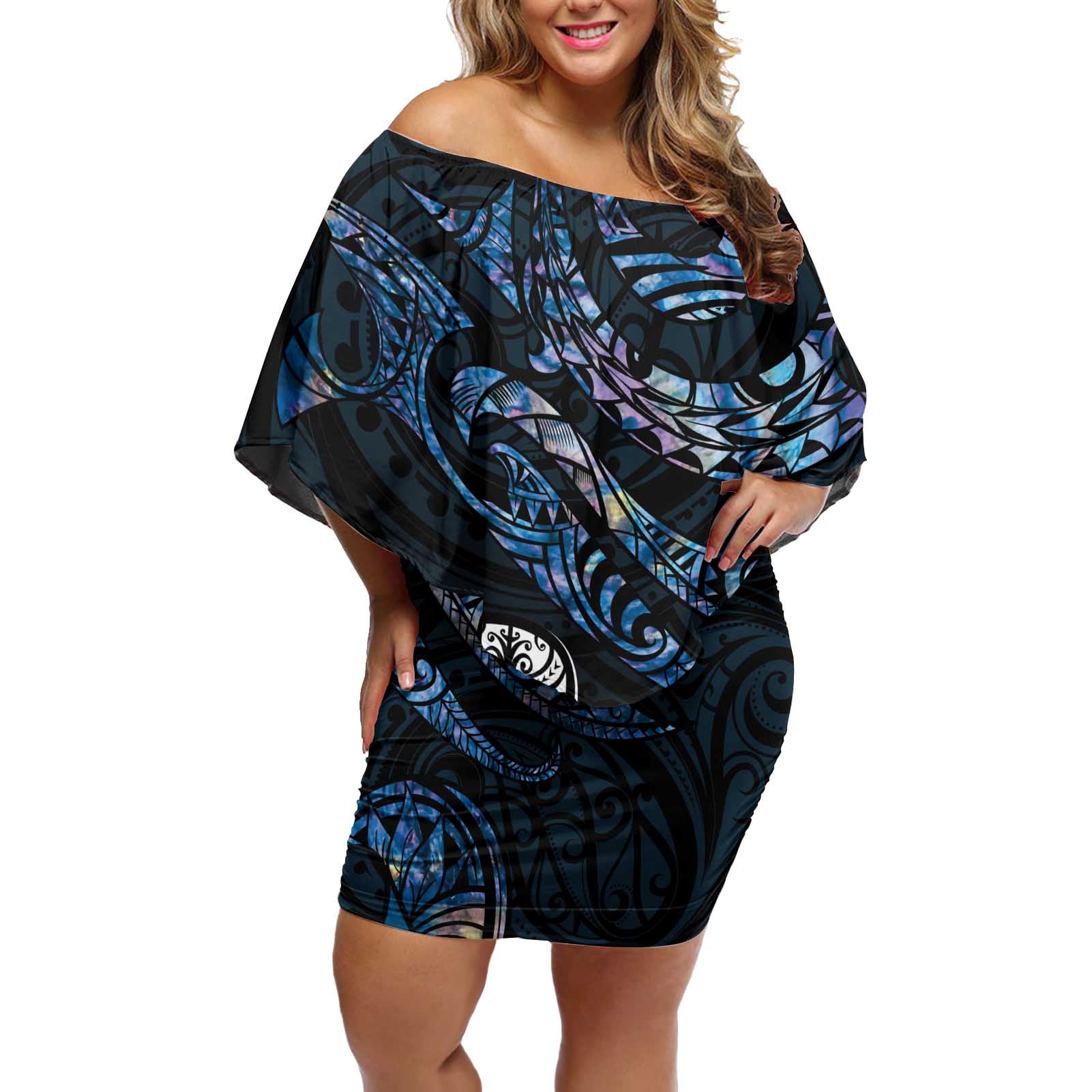 New Zealand Maori Rugby Personalised Off Shoulder Short Dress Ta Moko Silver Fern - Paua Blue