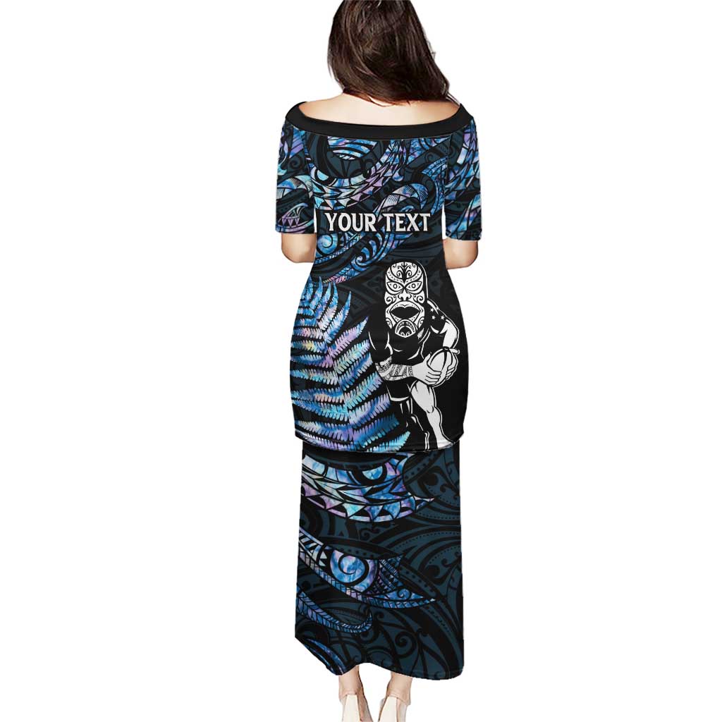 New Zealand Maori Rugby Personalised Puletasi Ta Moko Silver Fern - Paua Blue