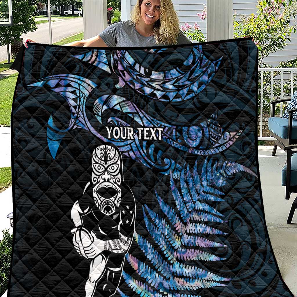 New Zealand Maori Rugby Personalised Quilt Ta Moko Silver Fern - Paua Blue