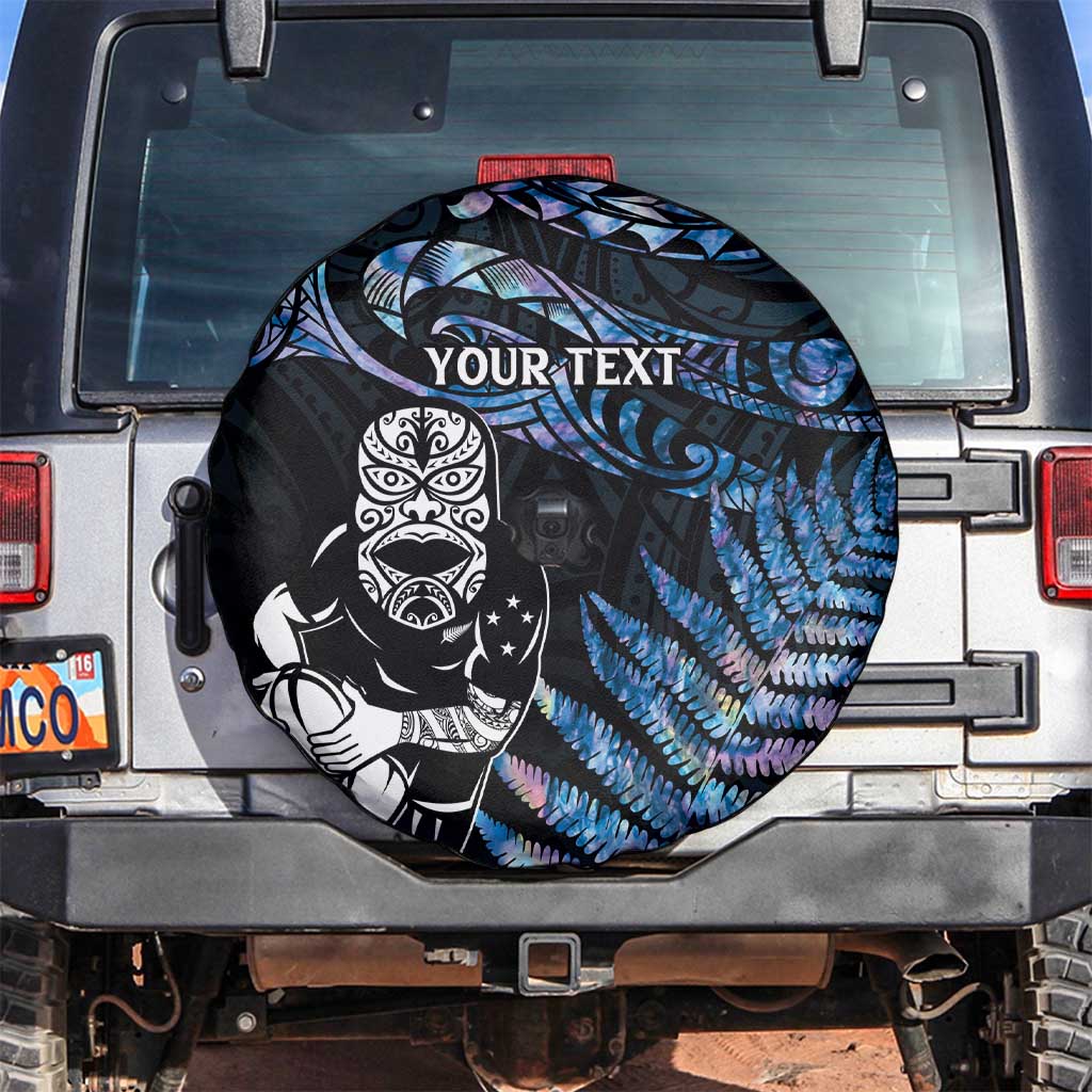 New Zealand Maori Rugby Personalised Spare Tire Cover Ta Moko Silver Fern - Paua Blue