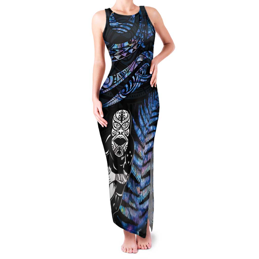 New Zealand Maori Rugby Personalised Tank Maxi Dress Ta Moko Silver Fern - Paua Blue