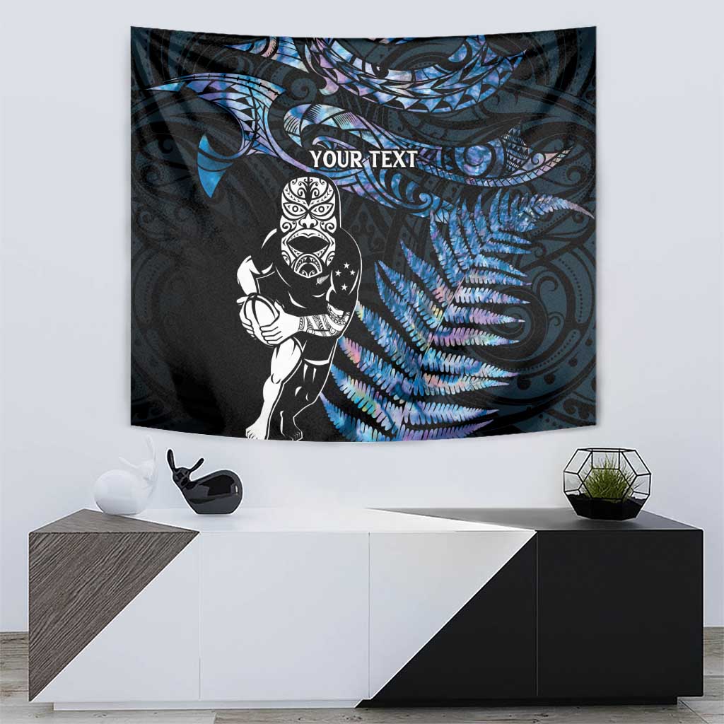New Zealand Maori Rugby Personalised Tapestry Ta Moko Silver Fern - Paua Blue