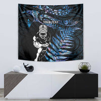 New Zealand Maori Rugby Personalised Tapestry Ta Moko Silver Fern - Paua Blue