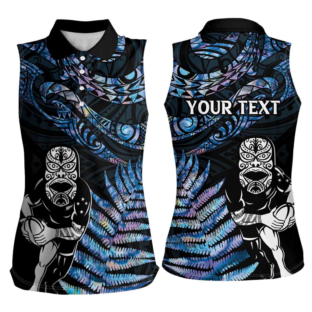 New Zealand Maori Rugby Personalised Women Sleeveless Polo Shirt Ta Moko Silver Fern - Paua Blue