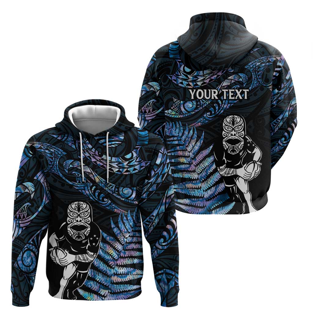 New Zealand Maori Rugby Personalised Zip Hoodie Ta Moko Silver Fern - Paua Blue