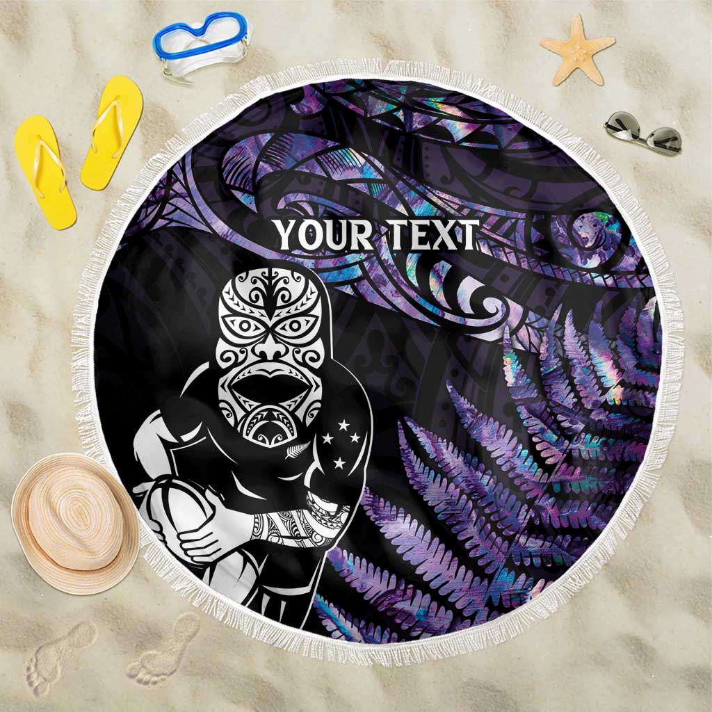 New Zealand Maori Rugby Personalised Beach Blanket Ta Moko Silver Fern - Paua Purple