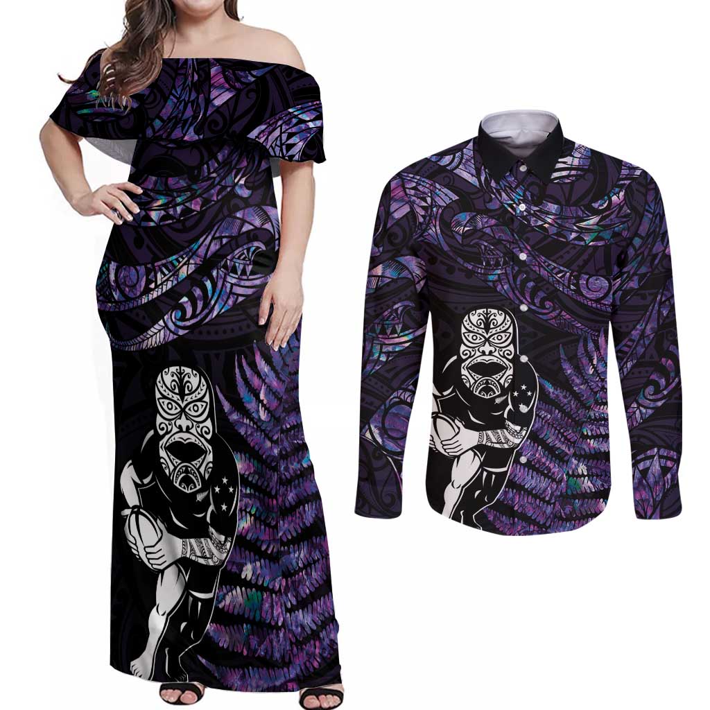 New Zealand Maori Rugby Personalised Couples Matching Off Shoulder Maxi Dress and Long Sleeve Button Shirt Ta Moko Silver Fern - Paua Purple