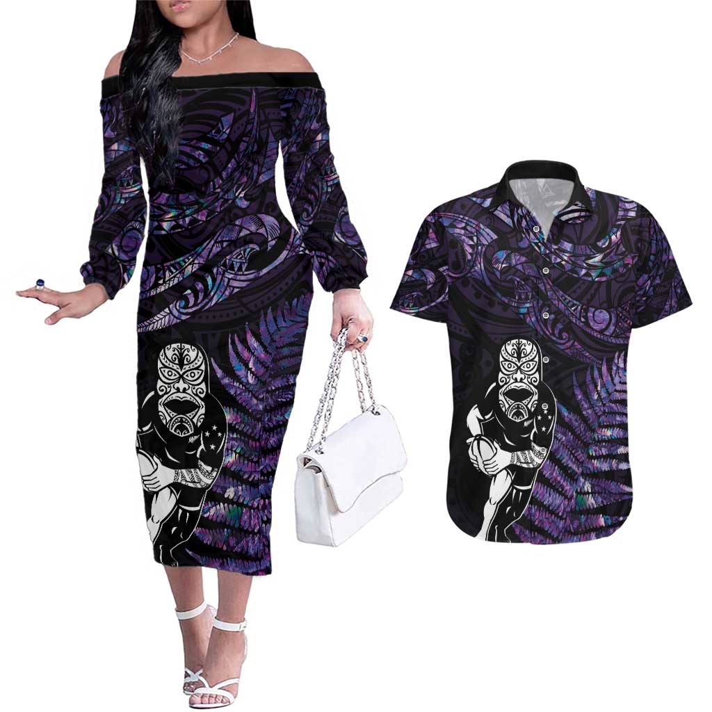 New Zealand Maori Rugby Personalised Couples Matching Off The Shoulder Long Sleeve Dress and Hawaiian Shirt Ta Moko Silver Fern - Paua Purple