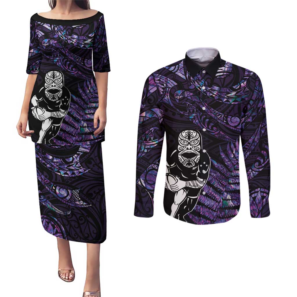 New Zealand Maori Rugby Personalised Couples Matching Puletasi and Long Sleeve Button Shirt Ta Moko Silver Fern - Paua Purple