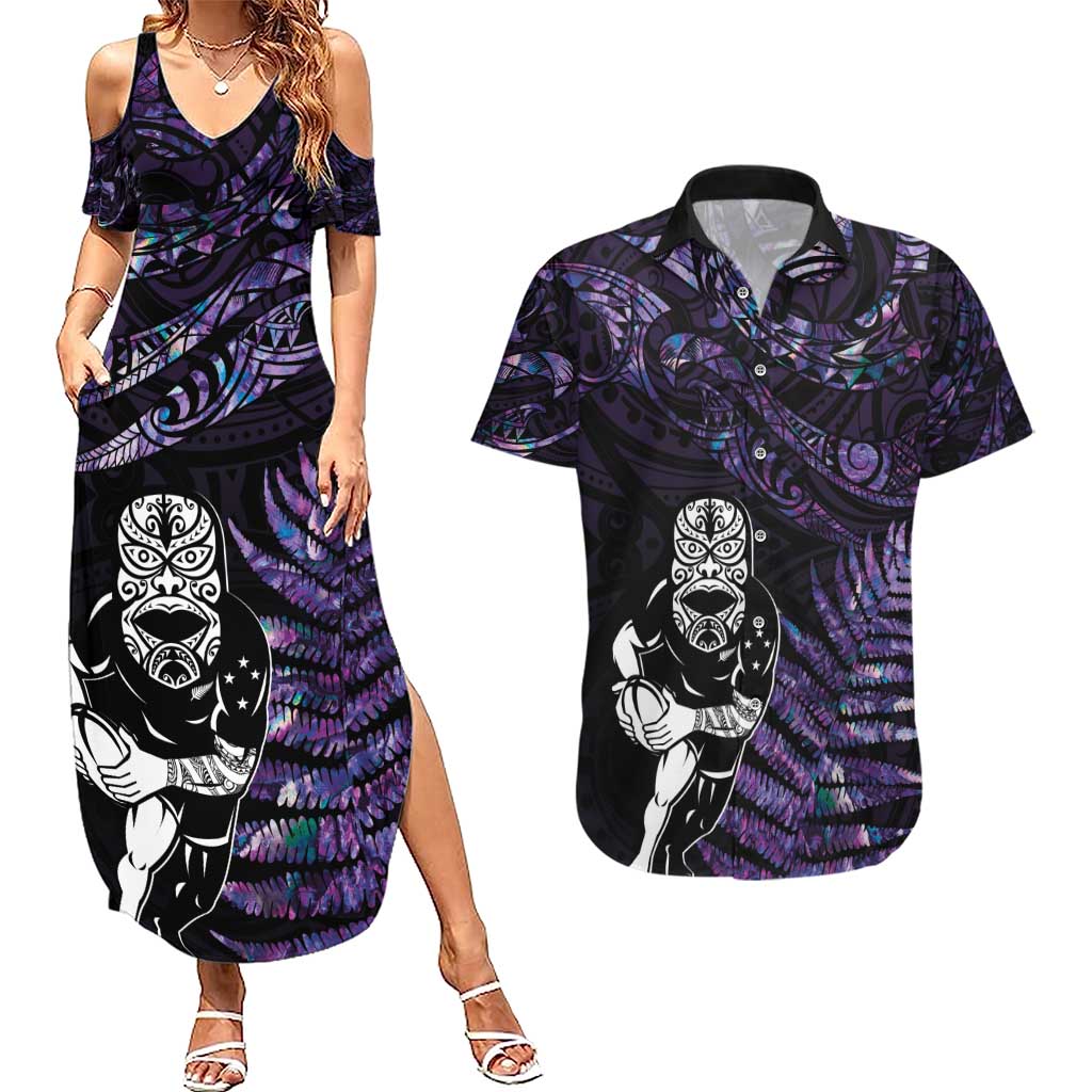 New Zealand Maori Rugby Personalised Couples Matching Summer Maxi Dress and Hawaiian Shirt Ta Moko Silver Fern - Paua Purple