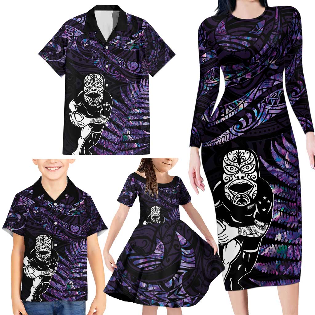 New Zealand Maori Rugby Personalised Family Matching Long Sleeve Bodycon Dress and Hawaiian Shirt Ta Moko Silver Fern - Paua Purple