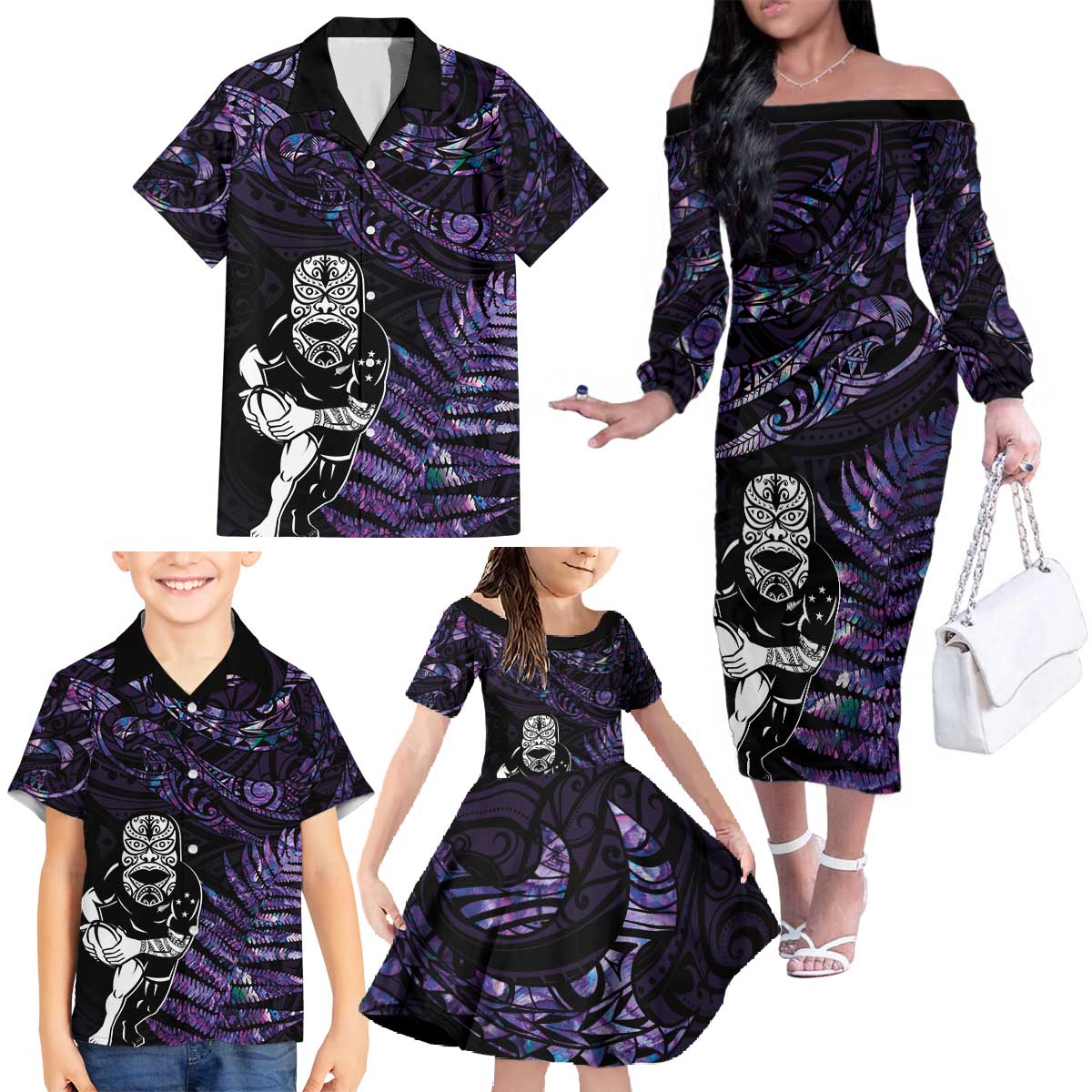 New Zealand Maori Rugby Personalised Family Matching Off The Shoulder Long Sleeve Dress and Hawaiian Shirt Ta Moko Silver Fern - Paua Purple