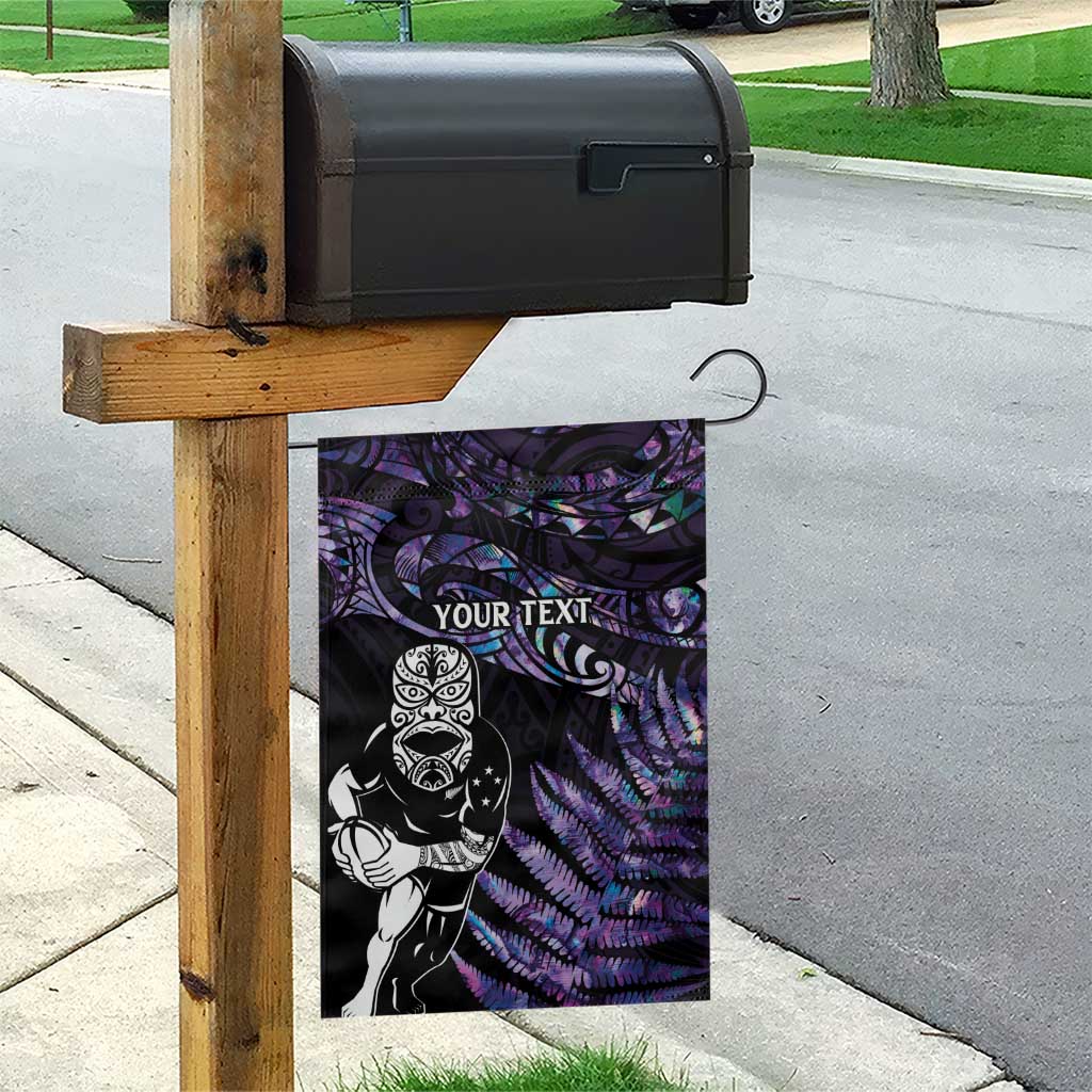 New Zealand Maori Rugby Personalised Garden Flag Ta Moko Silver Fern - Paua Purple