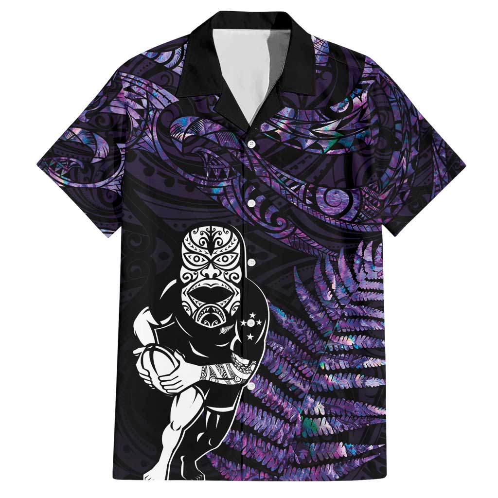 New Zealand Maori Rugby Personalised Hawaiian Shirt Ta Moko Silver Fern - Paua Purple