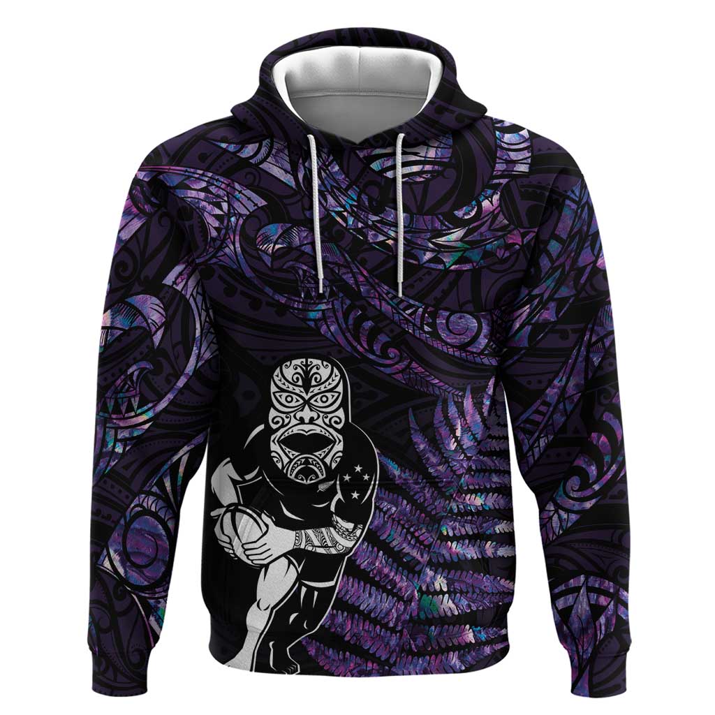 New Zealand Maori Rugby Personalised Hoodie Ta Moko Silver Fern - Paua Purple