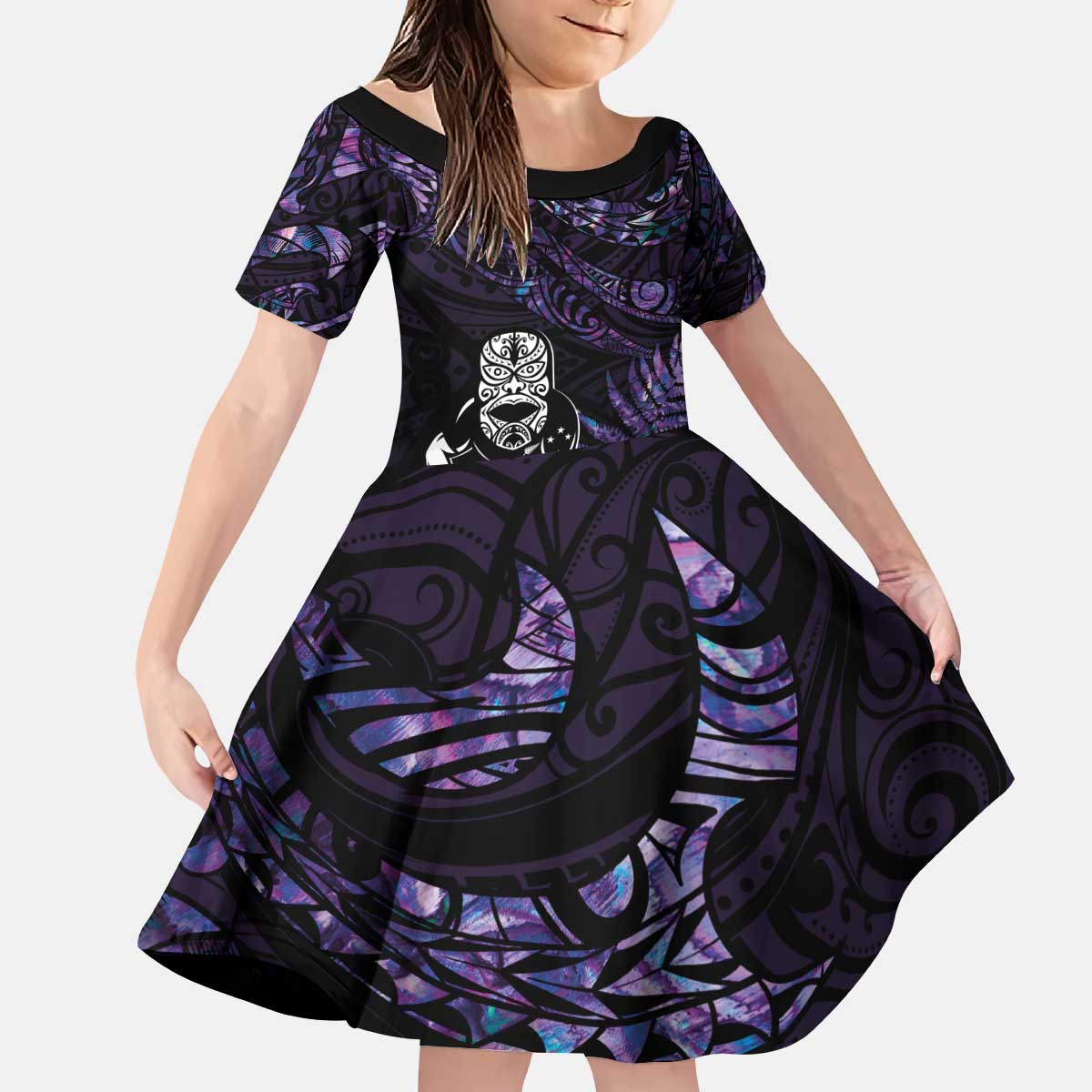 New Zealand Maori Rugby Personalised Kid Short Sleeve Dress Ta Moko Silver Fern - Paua Purple