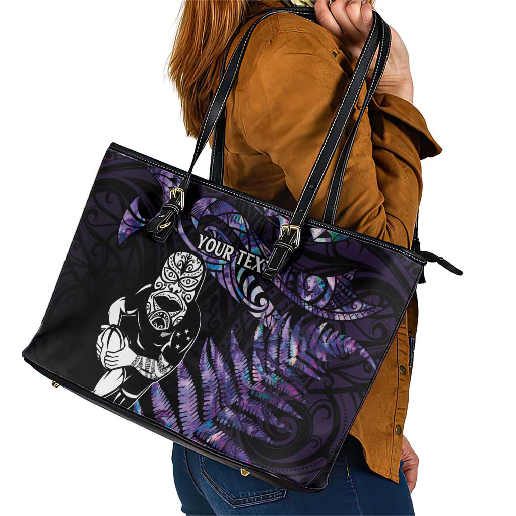 New Zealand Maori Rugby Personalised Leather Tote Bag Ta Moko Silver Fern - Paua Purple