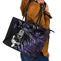 New Zealand Maori Rugby Personalised Leather Tote Bag Ta Moko Silver Fern - Paua Purple