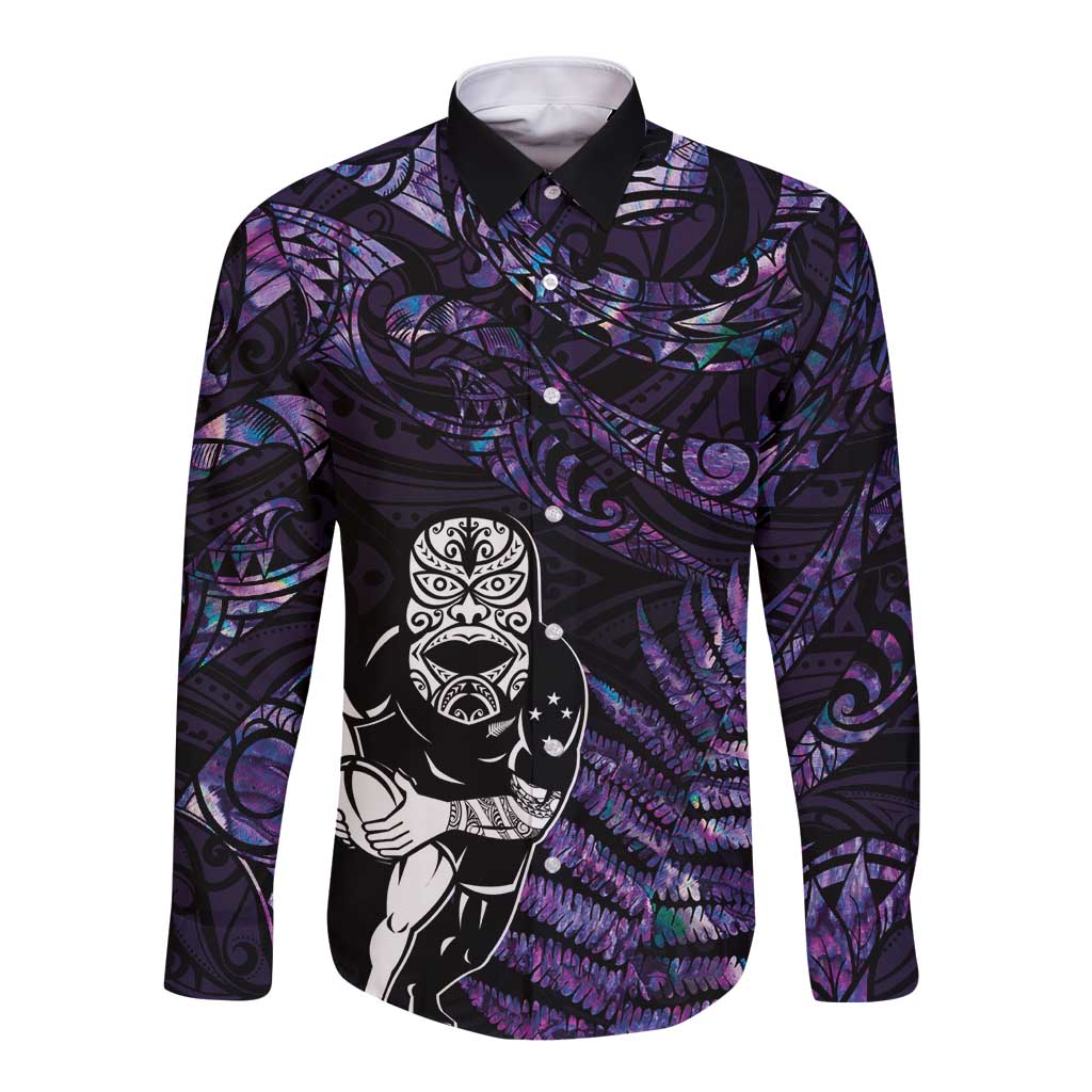 New Zealand Maori Rugby Personalised Long Sleeve Button Shirt Ta Moko Silver Fern - Paua Purple