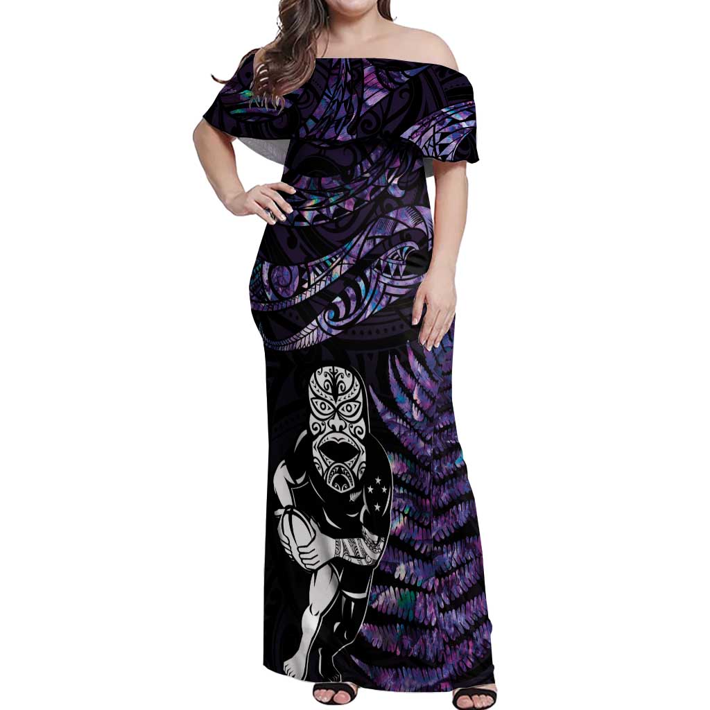 New Zealand Maori Rugby Personalised Off Shoulder Maxi Dress Ta Moko Silver Fern - Paua Purple