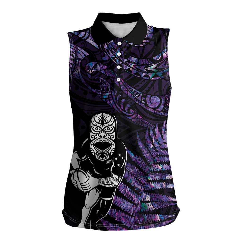 New Zealand Maori Rugby Personalised Women Sleeveless Polo Shirt Ta Moko Silver Fern - Paua Purple