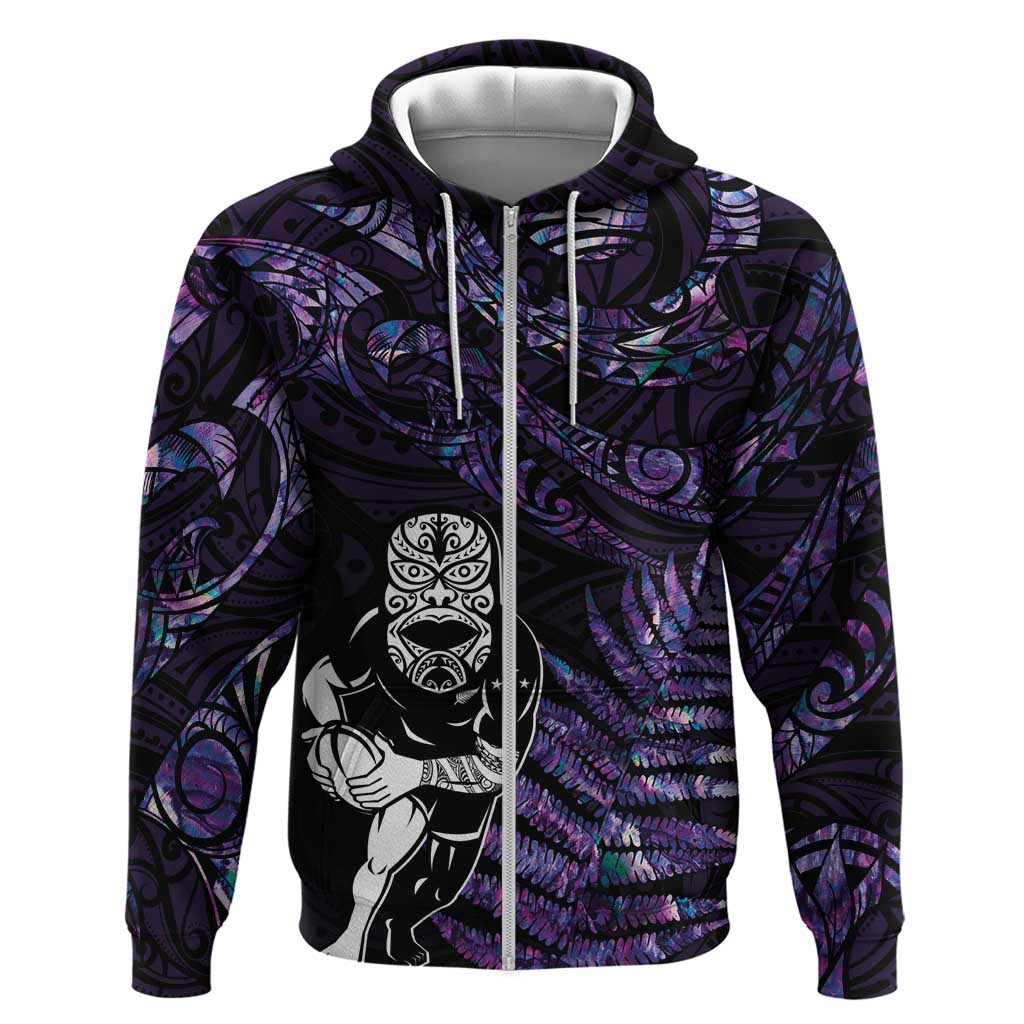 New Zealand Maori Rugby Personalised Zip Hoodie Ta Moko Silver Fern - Paua Purple