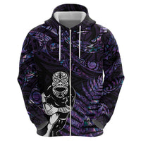 New Zealand Maori Rugby Personalised Zip Hoodie Ta Moko Silver Fern - Paua Purple